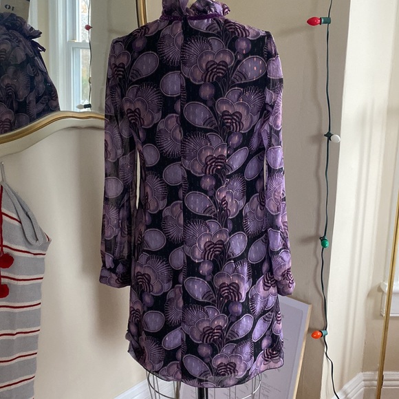 Anna Sui shimmer and velvet mod style Art Deco print purple dress S - Picture 5 of 9